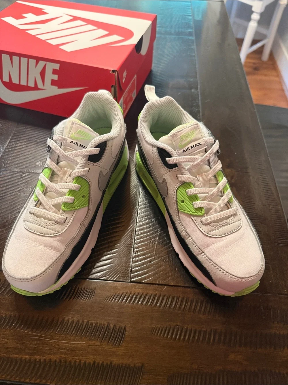 Nike Kids' Air Max 90 Eason(PS) in Light Gray, Black & Neon Green